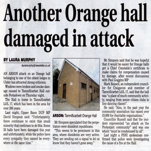 Another Orange Hall damaged in attack