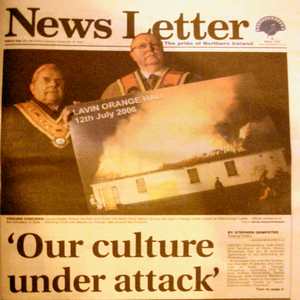 Grand Master Robert Saulters and Grand Secretary Drew Nelson at the protest outside Hillsborough Castle - official residence of the Secretary of State - following continued republican attacks on Orange Halls around the Province