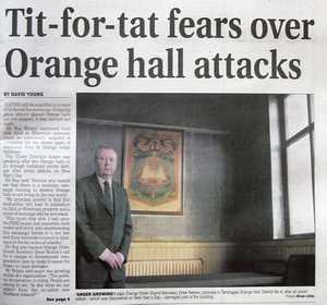 Grand Orange Lodge of Ireland secretary Drew Nelson pictured in Tandragee Oragne hall District no. 4 after a republican arson attack - which was discovered on New's Year's Day